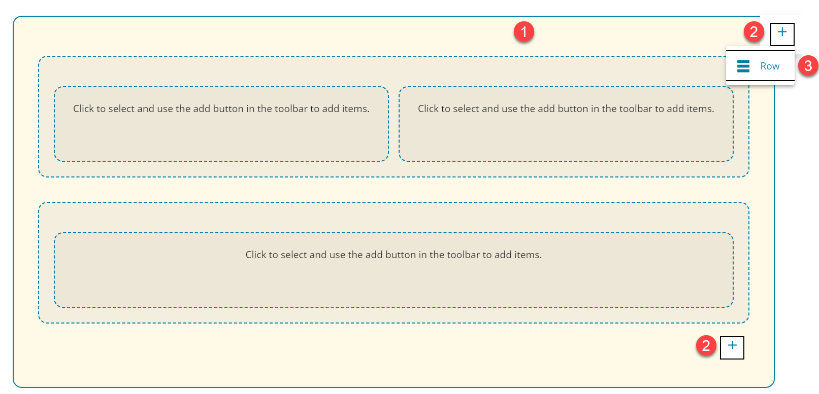 1 select the outermost box, 2 select eithet plus button 3 select row